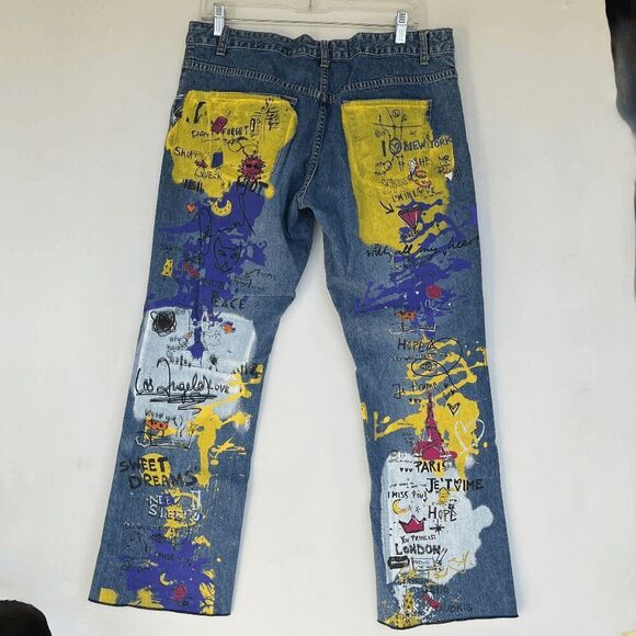 VTG Old Navy Pop Art Jeans Sz 12 – Y2K Graffiti Straight Leg Holiday 2001 - Picture 4 of 10